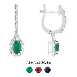 Sterling Silver 6x4mm Oval Natural Emerald 1/3 CTW Diamond Halo Drop Earrings - Picture 1 of 4