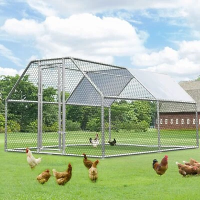 Large Metal Chicken Coop Walk-in Poultry Cage Hen House Flat Roof w/Cover Yard - Image 1 of 4