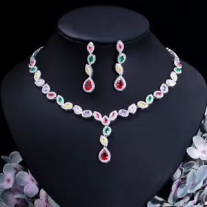 Beauty Set Gioielli Colorati Foglie Grappolo Goccia Collana Orecchini Argento Placcato Zirconi - Foto 1 di 10