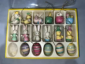 Vntg Easter Ornaments Bunny Eggs Chick Wooden Mini Tree Spring Set 17 (ToteEEE) - Picture 1 of 6