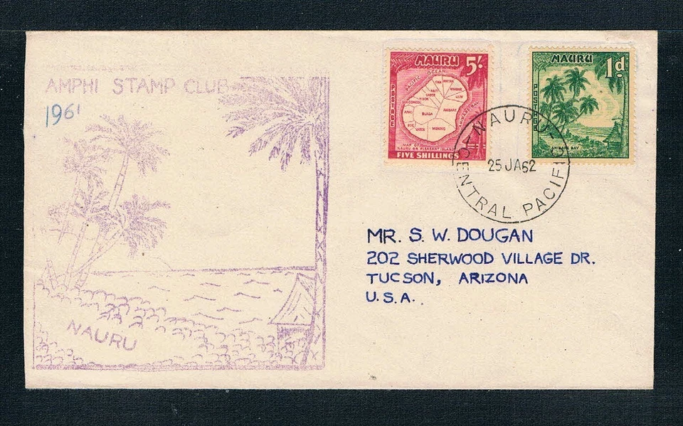 Nauru 1954 - Escenas 1d y 5sh en portada de caché local - SC 39, 47 [SG 49b, 56] S3 Foto 1 de 2