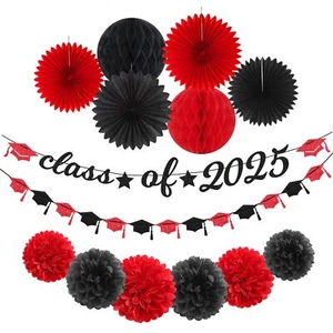 Red Black Party-Decoration Graduation Banner - 14pcs Kits Cap Garland Streame... - Picture 1 of 7