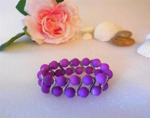 4876 - BRACELET LADIES, 2 STRANDS PURPLE GLASS BEADS, WAVE SPACERS - Picture 1 of 1