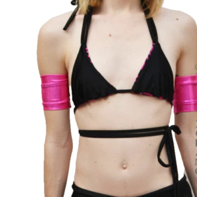 Bicep Arm Cuffs Pink Metallic Bands Wrestler Costume Gloves Spandex Sleeve Cyber - Image 1 of 3