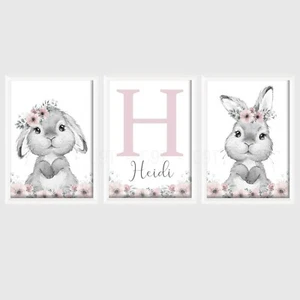 Girls Bunny Rabbit Personalised PRINTS ONLY A4 Nursery Room Pink Flowers Tail - Picture 1 of 2