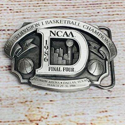 Vintage 80s NEW NCAA 1986 Mens Final Four Basketball Dallas Pewter Belt Buckle - Image 1 of 4