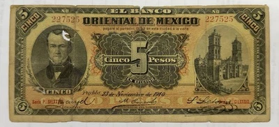 1910 Banco Oriental de Mexico Puebla 5 Pesos Note S-381c, - Image 1 of 3