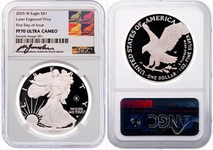 2025-W $1 PROOF ASE LASER BEAM PRIVY NGC PF70 FDOI GAUDIOSO - Picture 1 of 2