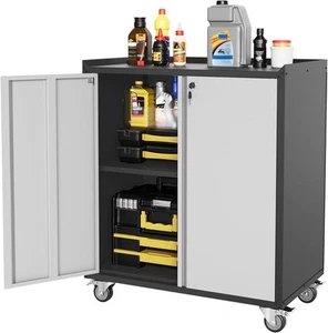 2-Door High Garage Storage Cabinet Wheel Locking Steel Rolling Tool Chest Handle - Picture 1 of 9
