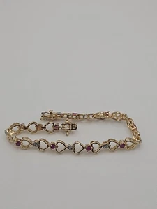 Vintage Ross Simons Sterling Silver Vermeil Heart Link Ruby Bracelet 7.5" - Picture 1 of 16
