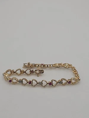 Vintage Ross Simons Sterling Silver Vermeil Heart Link Ruby Bracelet 7.5" - Image 1 of 4