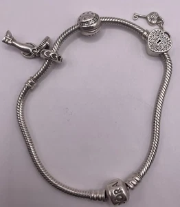 PANDORA Sterling Snake Bracelet w/ 3 Charms “Heart locket w/ Key“ 26.2g 8in - Picture 1 of 6