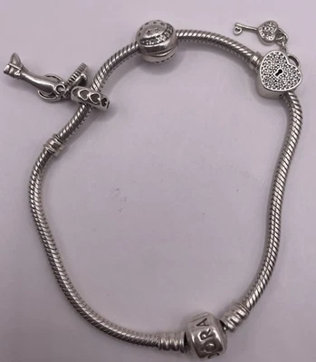 PANDORA Sterling Snake Bracelet w/ 3 Charms “Heart locket w/ Key“ 26.2g 8in - Image 1 of 4