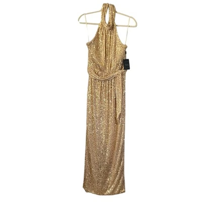 NWT IEENA Mac Duggal Gold Sequin Halter Neck Column Gown Formal Evening Dress 8 - Image 1 of 4