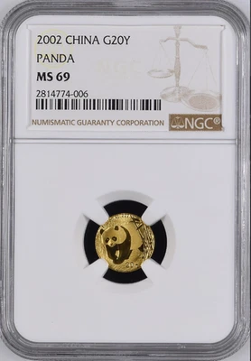 MS69 2002 China Gold Panda 1/20 oz G5Y 5 yuanes NGC MS 69 2002 Gold Panda Foto 1 de 4