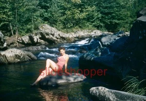 Slide Photo View Pretty Girl Swimsuit Cheesecake Pinup Pose Rock in Creek 1955 - Picture 1 of 1