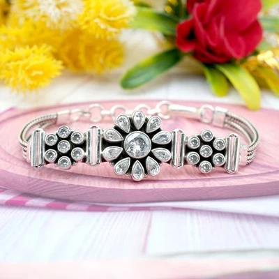 925 Sterling Silver Zircon Bracelet Natural White Gemstone Handmade Bracelet - Image 1 of 4