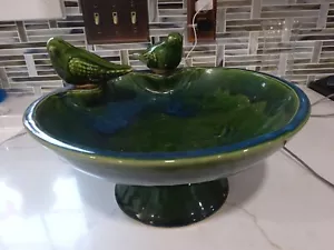2 Figural Perched BIRD BATH Bowl ceramic pottery green blue 10.5" X 5" TALL - Picture 1 of 14
