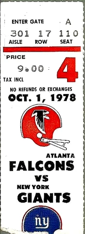 1978 NFL Falcons vs Giants - Ticket Stub Cover