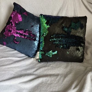 Reversible Sparkle Sequin Pillow - Teal/Black, Fuschia/Navy- 2 PILLOW SET - Picture 1 of 3