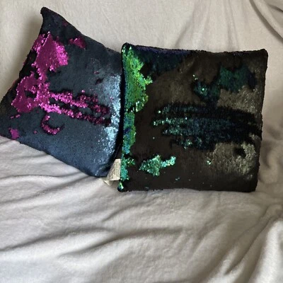 Reversible Sparkle Sequin Pillow - Teal/Black, Fuschia/Navy- 2 PILLOW SET - Image 1 of 3