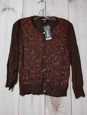 Cárdigan DKNY Suéter Damas Pequeño Marrón 100% Seda Foto 1 de 4