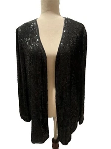 Lew Magram Sequin Jacket Pants Set Black Large Silk Vintage 80s Evening Dressy - Picture 1 of 9