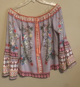Umgee Sz S Top BOHO Off Shoulder Floral Print Long Bell Sleeve NWT Multicolor - Picture 1 of 8