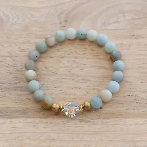 Frosted Amazonite Gemstone Stretch Bracelet made with Swarovski Crystal AB Heart - Picture 1 of 5