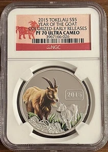 2015 Tokelau $5 1oz .999 Silver Colorized Year of the Goat ER NGC PF 70 UC #273 - Picture 1 of 3