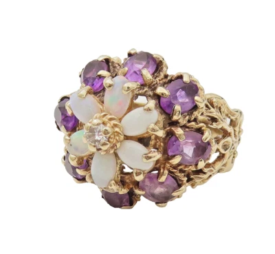 14K GOLD Vintage Real Diamond & Oval Amethyst Fire Opal Royal Ring Sz 9.5  GR657 - Image 1 of 4