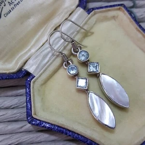 925 Sterling Silver Earrings, Natural Mother Of Pearl And Blue Topaz Dangle - Picture 1 of 6