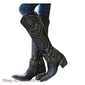 Women Knee High Boot Riding Boot Pull on Mid Block Heels Pointy Toe Motor Biker - Picture 1 of 19