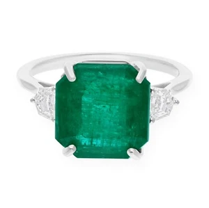 7.12 TCW Natural Zambian Emerald SI/H Diamond Three Stone Ring 18k White Gold - Picture 1 of 10