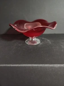 Vintage Ruby Red Clear Glass Base Candy Dish Compote Red Bowl 9 Inch Bowl - Picture 1 of 3