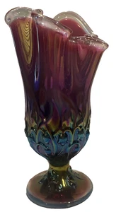Fenton PLUM Lily of the Valley  Opalescent Iridescent Glass Handkerchief Vase - Picture 1 of 10