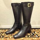 YSL Yves Saint Laurent Leather Long Boots 34.5 US4.5 Black Gold Buckle Side-Zip