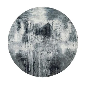 6'2"x6'2" Gray with Black Abstract Design Silk Hand Knotted Round Rug R58623 - Picture 1 of 8
