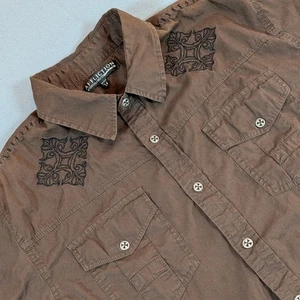 Affliction Men's Brown Short Sleeve Button Up Shirt Cross Wings Graphic Size L - Picture 1 of 8