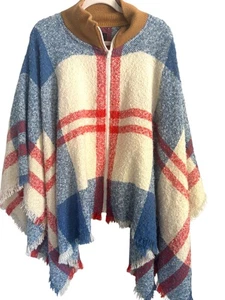 Marc New York Womens Shawl Poncho Plaid Frayed Fringes Tassels Western zipper - Picture 1 of 6