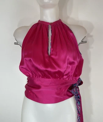 Blusa Top Robert Graham Ava 100% Seda Recortada Halter Rosa Fushia Talla XSmall Foto 1 de 4