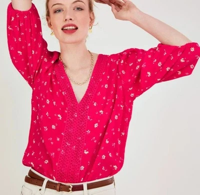 Monsoon Dani Print  Red Cream Floral 3/4 Sleeve V Neck Top Blouse Shirt  Size S - Image 1 of 4