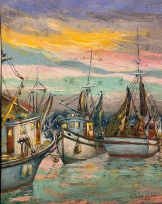 Pintura pastel vintage dibujo Fort Myers Beach Florida camarones barcos náuticos Foto 1 de 4