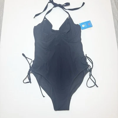 Traje de baño Miss Mandalay NEGRO Icono con aros Halter Plunge de una pieza 32E EE. UU. 32DDD Foto 1 de 4