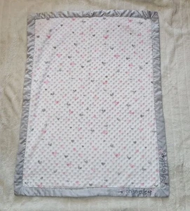 Just Born Oh So Cute Minky White Pink Hearts. Grey Satin Trim Baby Blanket 30x30 - Picture 1 of 6