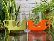 2 JAJ Pyrex DRINKUPS Glass Cups with Plastic Holders Mid Century Camper Retro.