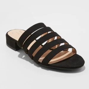 New Day DAMEN-SLIPPER 5-RIEMEN NIEDRIGER ABSATZ MIKROVELOURSLEDER OFFENE ZEHENPARTIE SCHWARZ - Bild 1 von 3