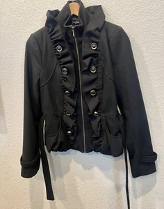 Grass Collection/Black Wool Blnd/Pea Coat Jacket/ruffle,zip,belt/women's Small S - Picture 1 of 5