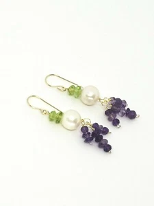 14k Yellow Gold Peridot Amethyst White Freshwater Pearl Cluster Dangle Earrings - Picture 1 of 4