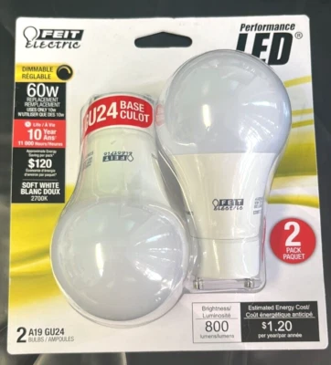 Feit Electric Performance Soft White LED Light Bulb A19 - Gu24 Base- 60w  2 Pack - Image 1 of 2